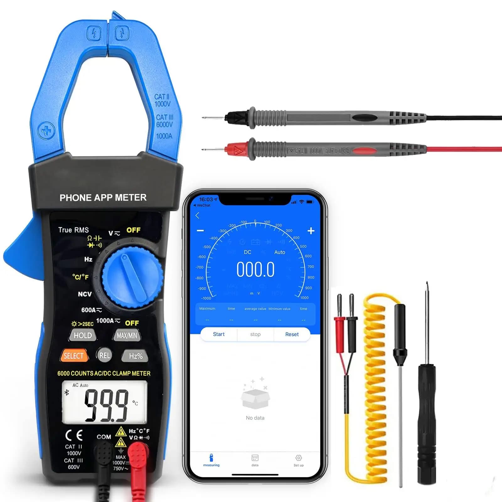 Bluetooth Smart Clamp Meter with APP, True RMS 6000 Counts Auto-Ranging Digital Multimeter, AC/DC Current Voltage Tester