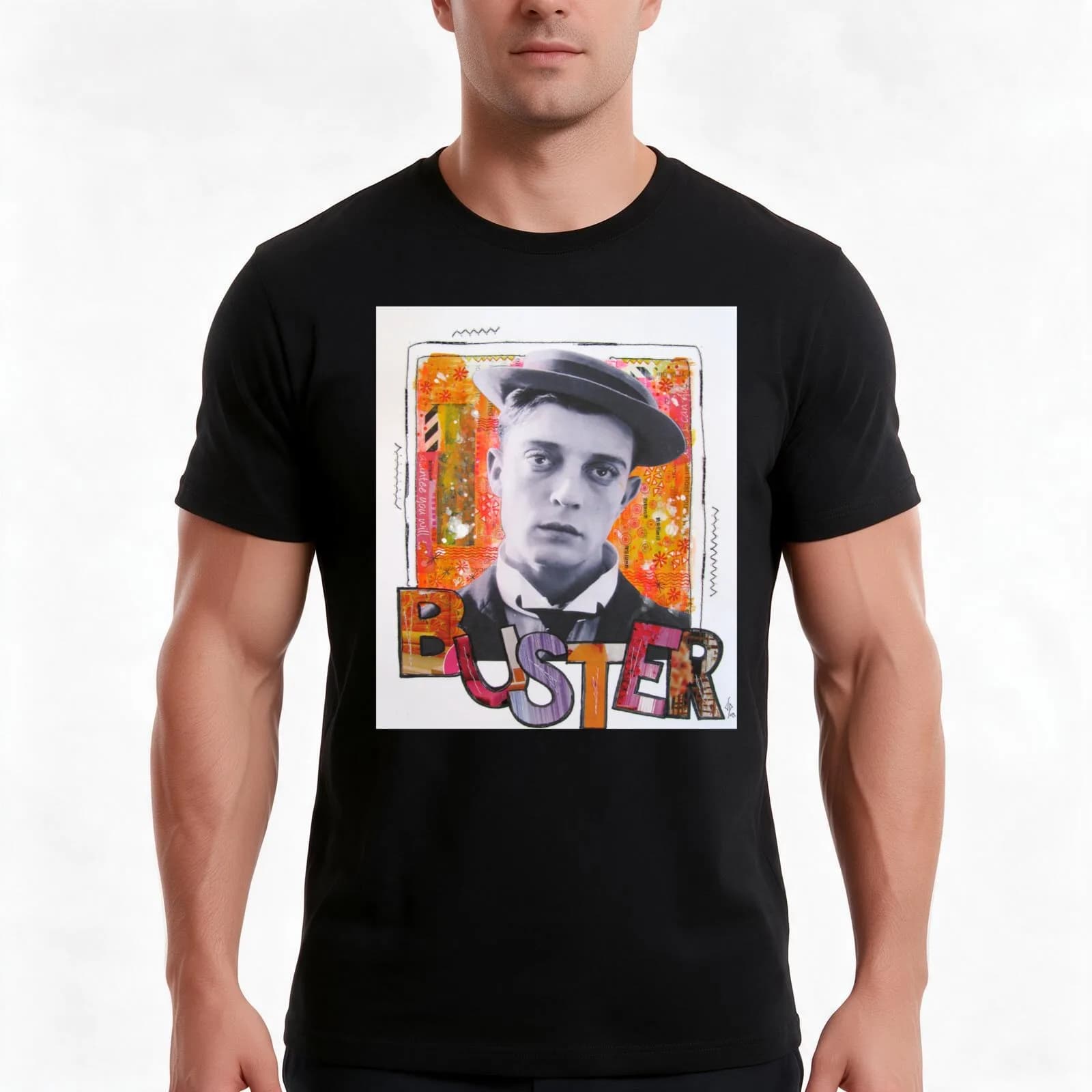 Buster Keaton Letters T-Shirt, Summer Casual Cotton Tee, Oversized Streetwear Tops, Vintage Graphic Print, Unisex Men Women