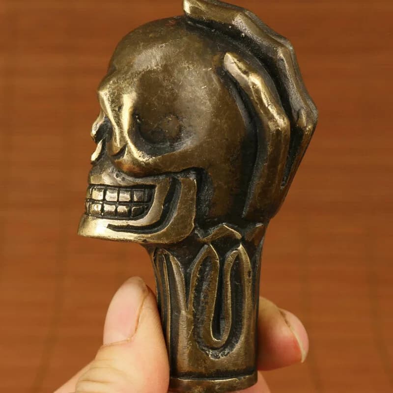Collection Chinese Bronze Handmade Carved Skull Statue Cane Walking Stick Head