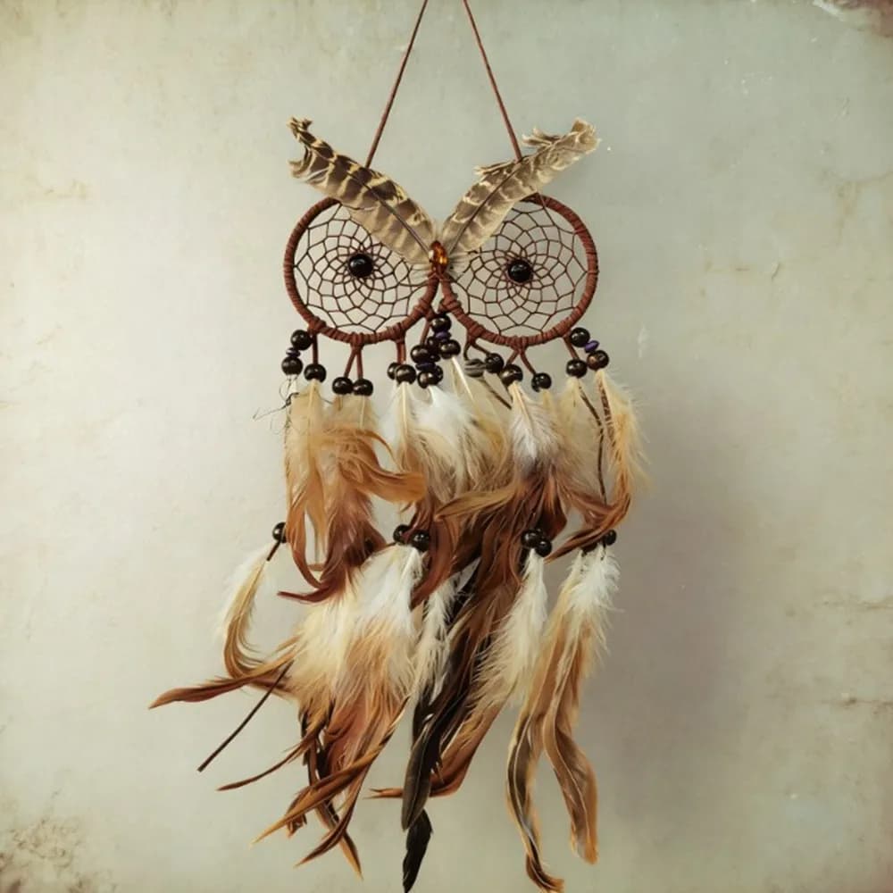 Hand Knitted Owl Style Dreamcatcher, Natural Feather & Bead Wall Hanging Ornament, Boho Interior Decor & Housewarming Gift.