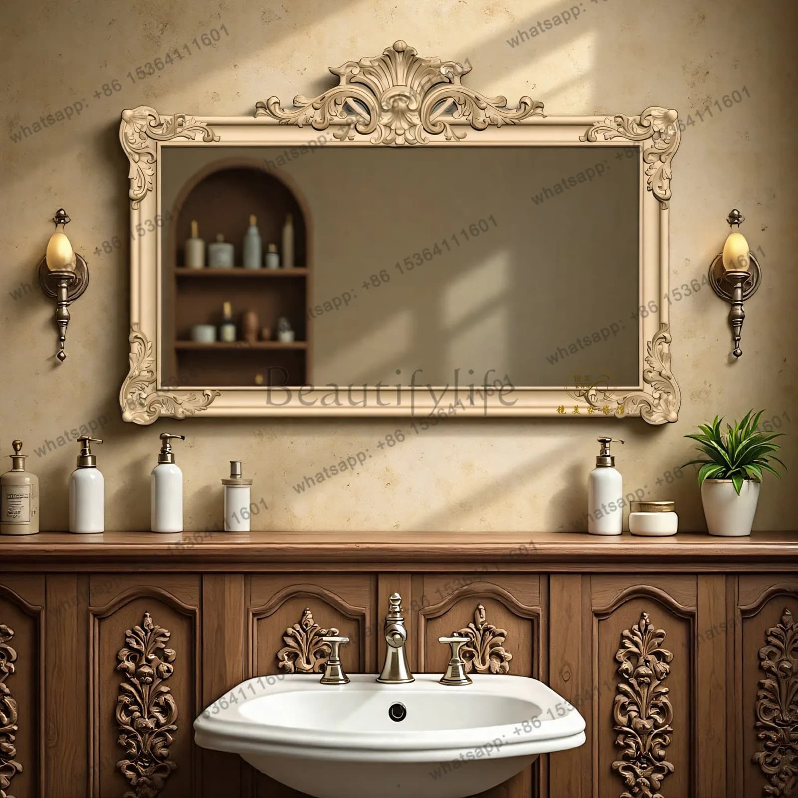 French retro bathroom bathroom makeup mirror European carved wall-mounted American fireplace decorative mirror