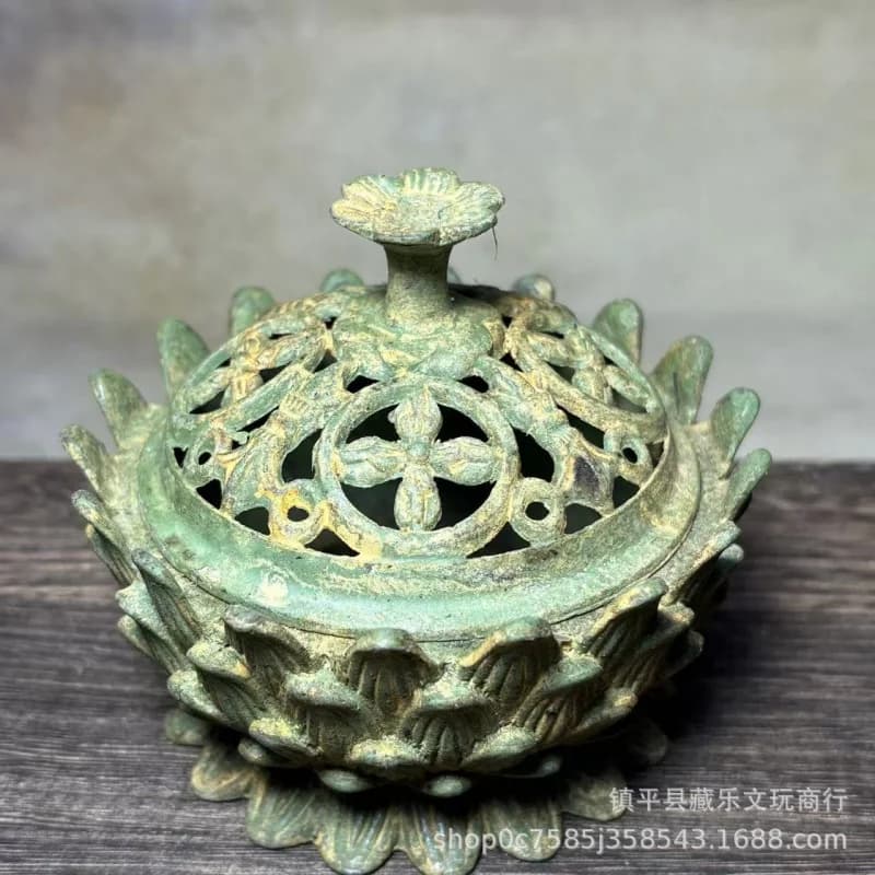 Lotus Pattern Burner, Hollow Carved Zen-Inspired Tea Ceremony Ornament, Vintage Bronze Incense Burning Vessel
