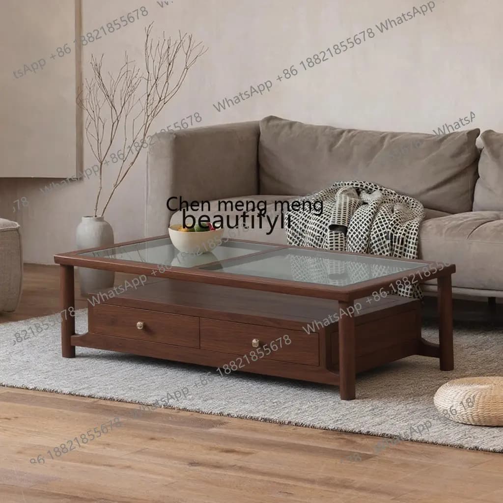 E153 Solid Wood Marble Square Tea Table Living Room New Chinese Style Black Walnut Artistic Homestay Simple