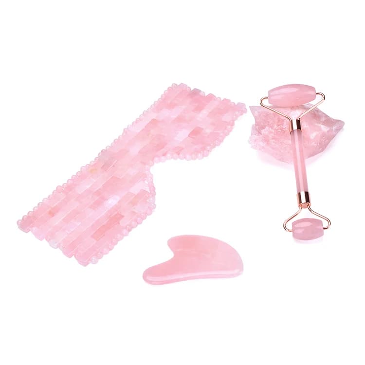 100% Real Rose Quartz Gua Sha & Facial Roller Set Eye Mask Kit Beauty Massager Tool Christmas Gift