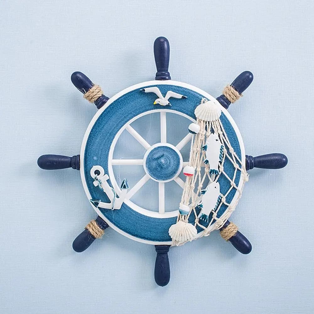 Art Decor 9 Inch Beach Wooden Boat Ship Steering Wheel Fishing Net Home Wall Decor