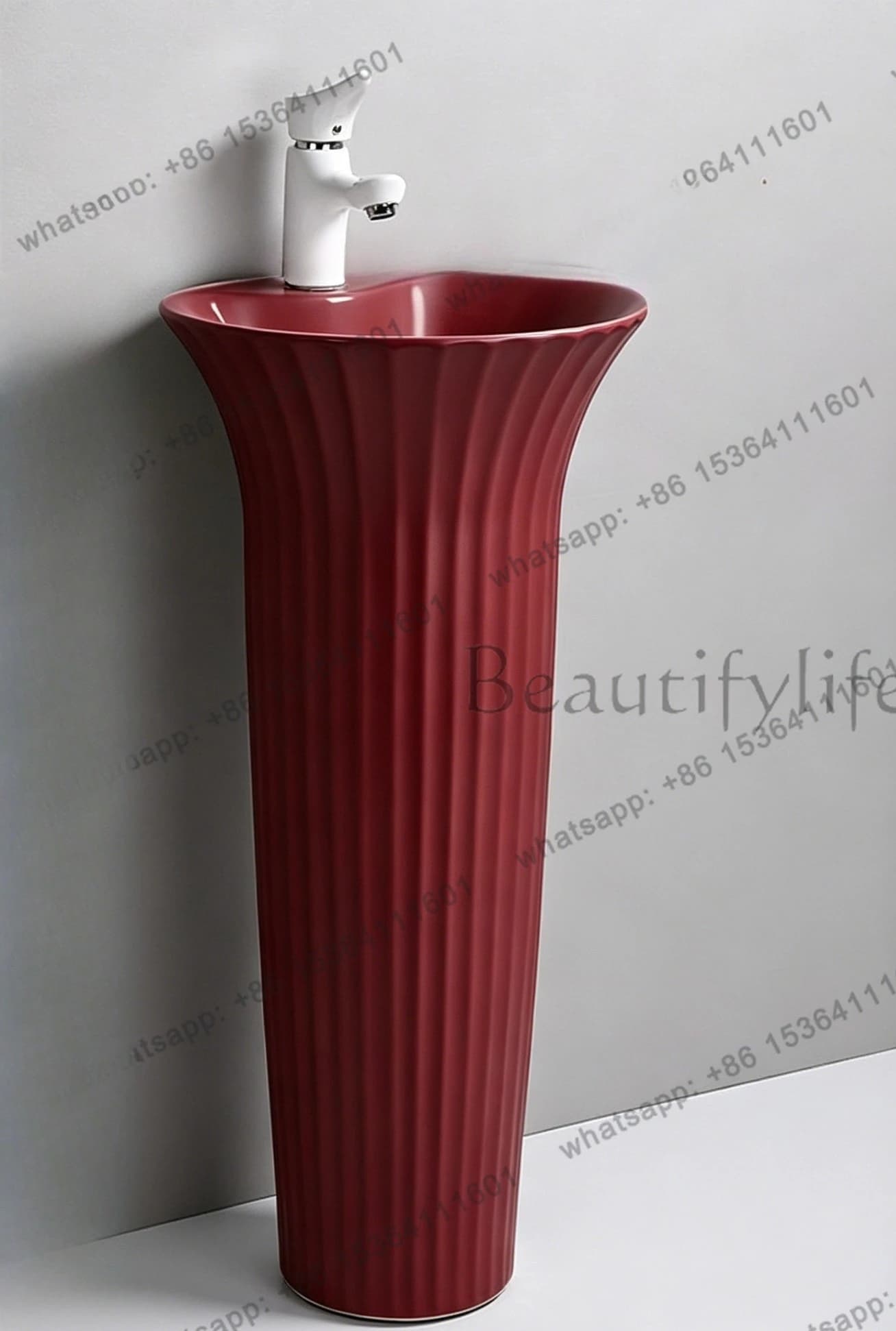 Customized color burgundy column basin integrated round floor washing table