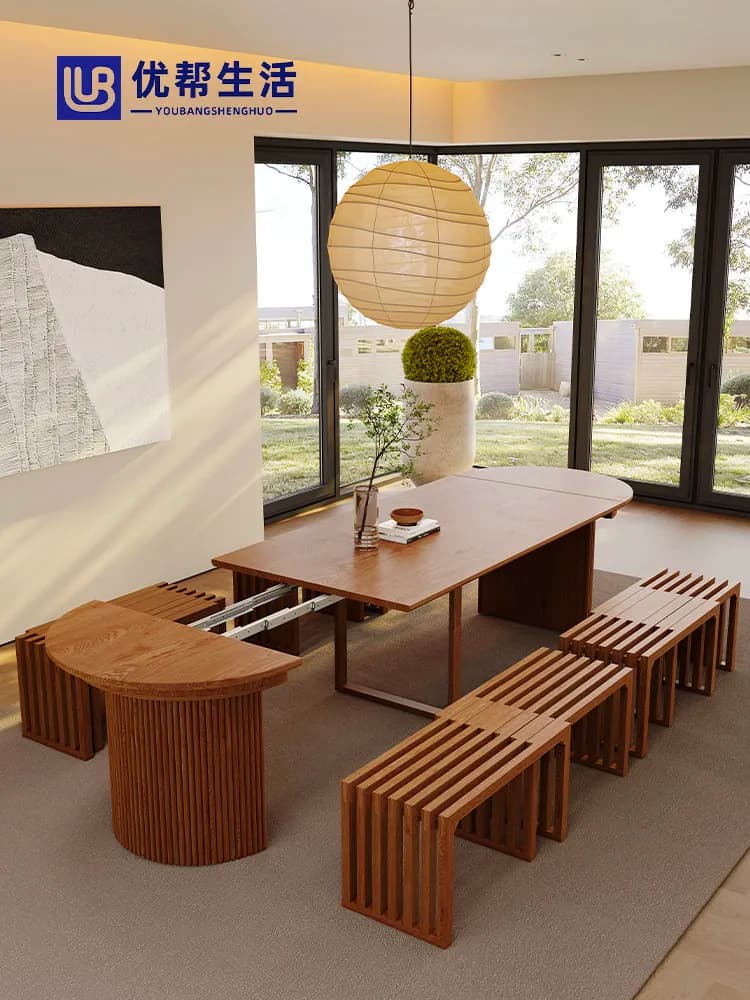 LMM Rectangular Solid Wood Telescopic Dining Table Multi-person Dining Old-style New Style