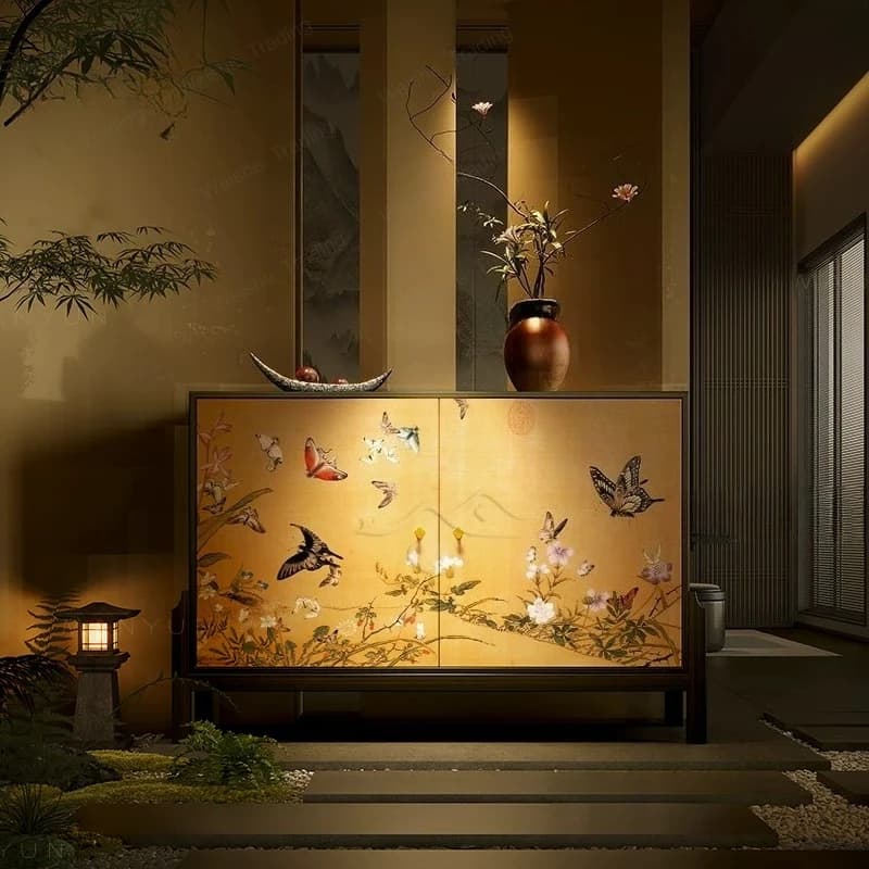 Song Dynasty aesthetic hundred butterfly picture solid wood chest of drawers entrance stilt storage cabinet living room Chinese