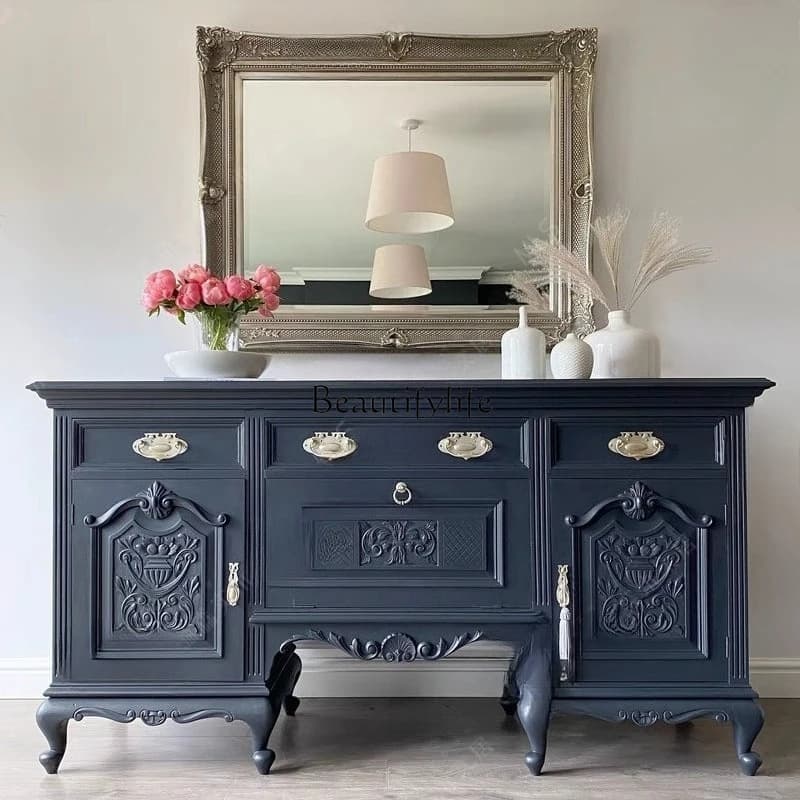 04*Nordic French retro old solid wood dining edge antique tableware entrance cabinet
