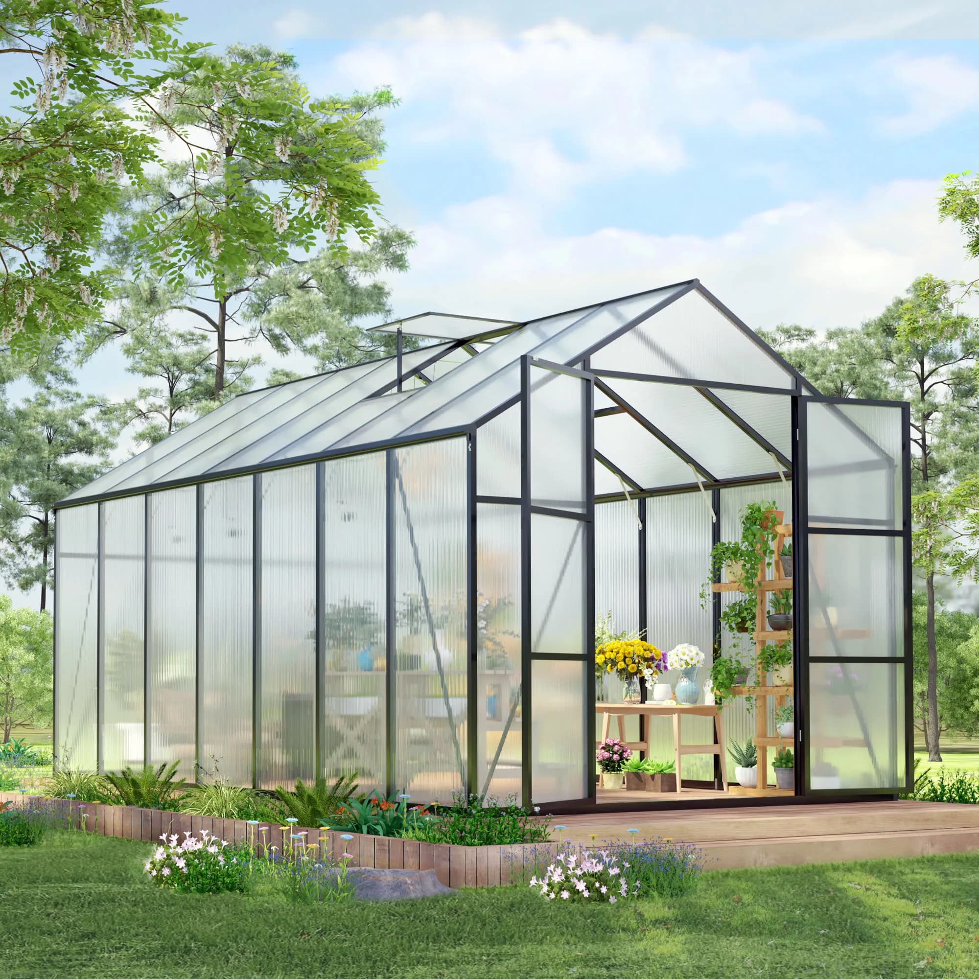 Outdoor Greenhouse, Large Walk-in Greenhouse With Vented Roof Window, Windproof Aluminum Frame Suitable For Gardening