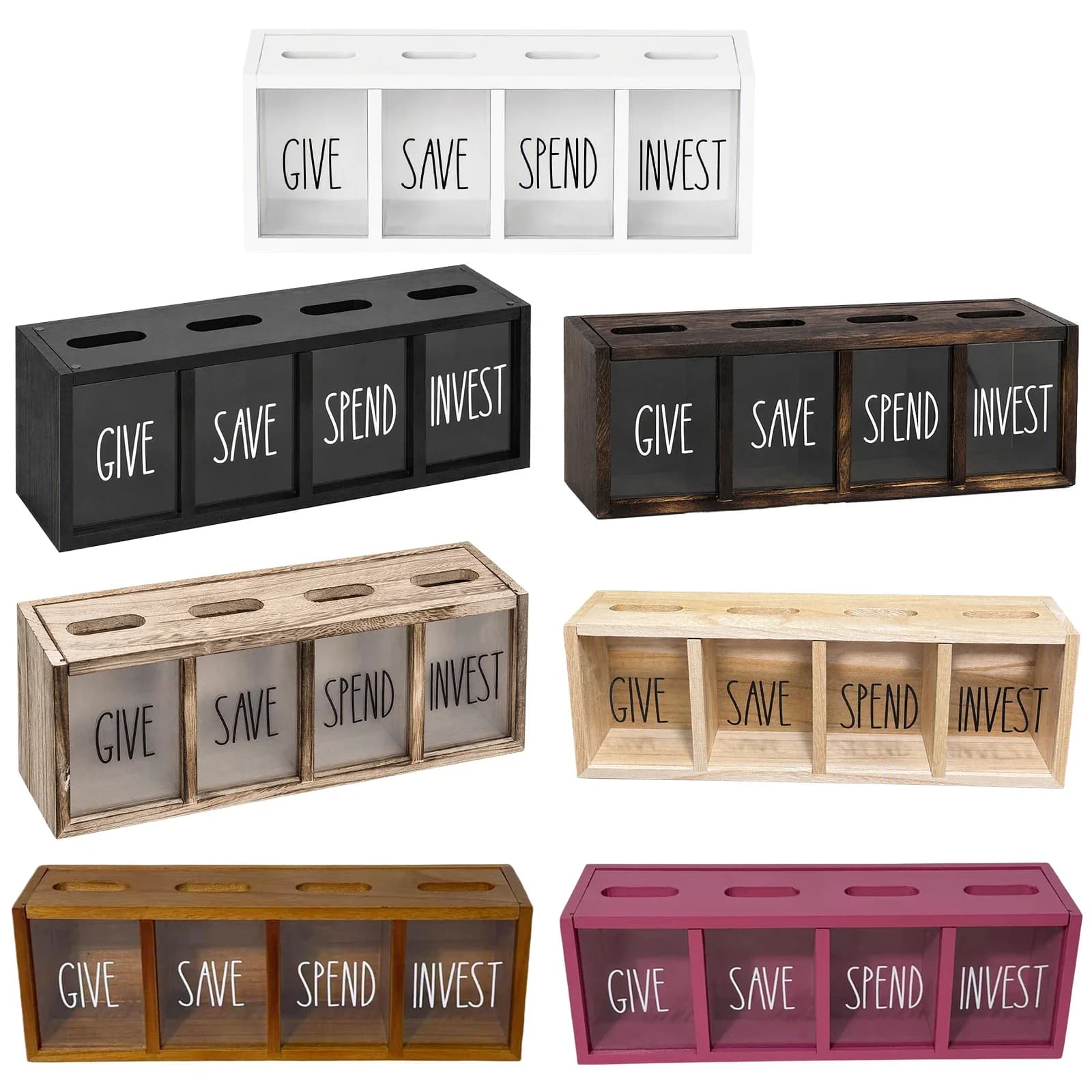 Personalized Wood Kids Coin Bank 4 Compartment Save Spend Donate Invest Acrylic Window Non-slip Base Gift