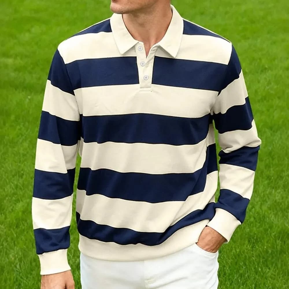 Men's Horizontal Stripes Rugby Polo Long Sleeve Polo Shirts Collared Shirts Casual Outdoor Athleisure Spring Fall Men Clothing