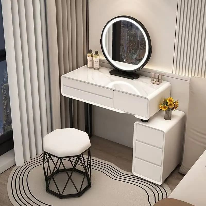 Solid Wood Dressing Table, French Cream Style Bedroom, Modern and Simple Rock Panel Dressing Table, Glass Dressing Table