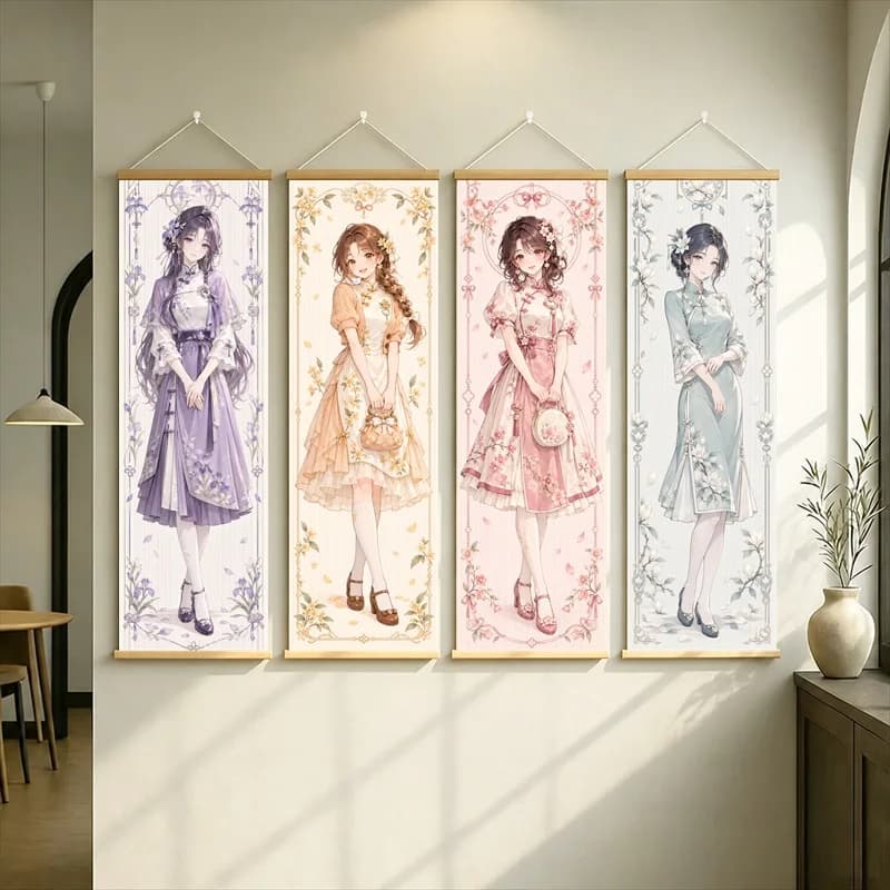 Anime Women in Lavender, Gold, Pink and Mint Dresses Hanging Scroll with Intricate Floral Borders for a Cozy Reading Nook