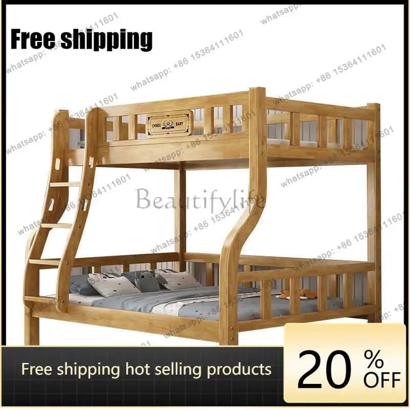 LX upper and lower double-layer mother-child bed small apartment log color rubber wood solid wood into high and low bed