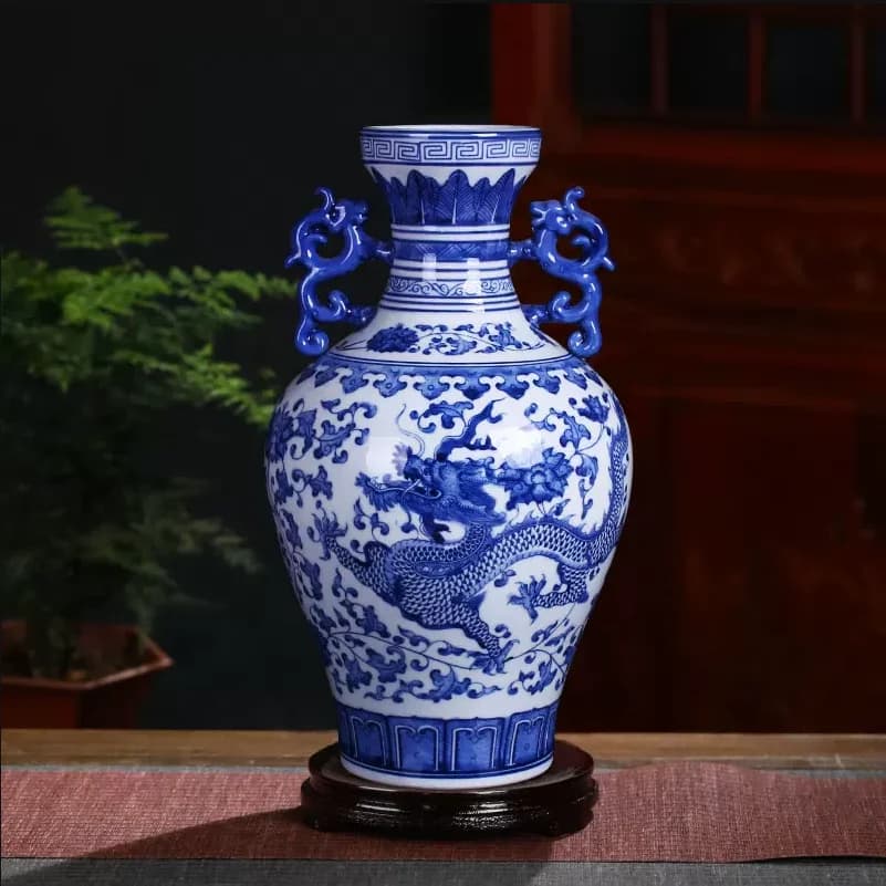 33cm/Large Sized Jingdezhen Ceramic Vase, Chinese Blue and White Porcelain, Antique Living Room, Household Flower Arrangement Va
