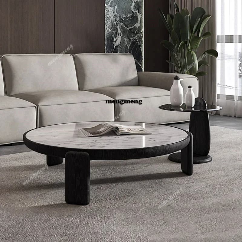 RR Modern Round Marble Coffee Tables with Solid Wood Legs Minimalist Living Room Curved Center Table Elegant Glass Sofa Side Tab
