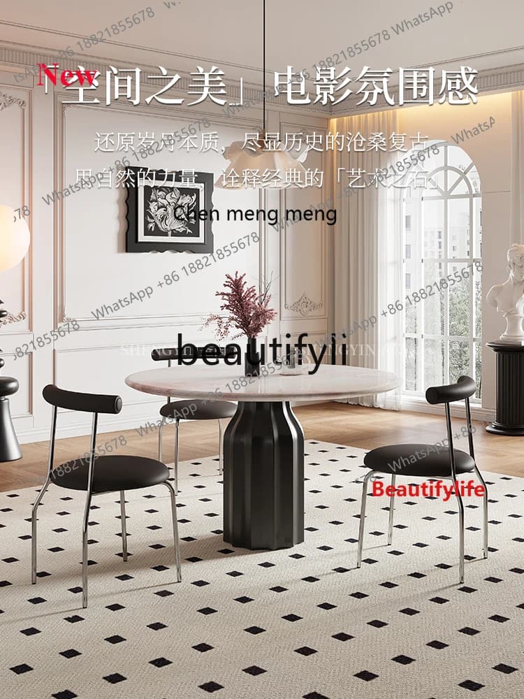 A32 Pure Natural Rose Rainbow Marble Dining Table and Chairs French Round Luxury Stone Dining Table