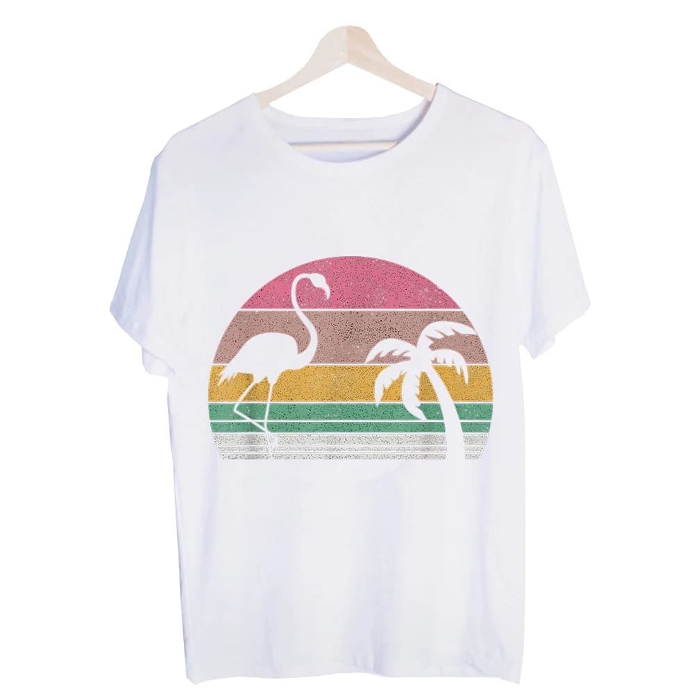 Men's Flamingo and Palm Tree Graphic Tee, Retro Sunset Print Short Sleeve T-Shirt for Summer Vacation and Casual Outfits