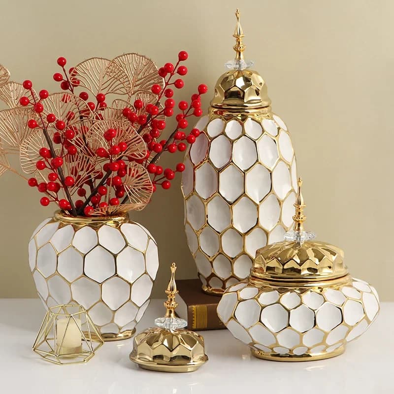 Ceramic Vase Porcelain Ginger Jar Gold Check Irregular Handicraft Storage Tank Flower Vase Home Decoration Accessories