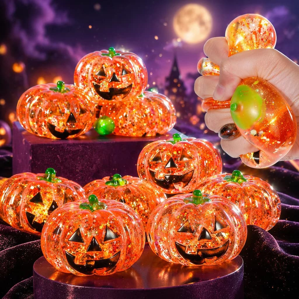 Halloween Pumpkin Squishy Toys,Glitter Squeeze Balls Slow Rising Stress Relief Toys,Anxiety Relief