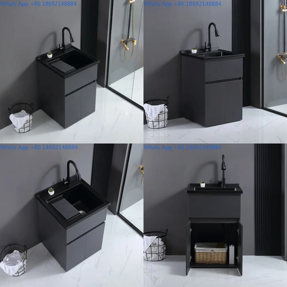 Solid Wood Multi Layer Paint Free Laundry Cabinet with Black Quartz Sink and 304 Faucet