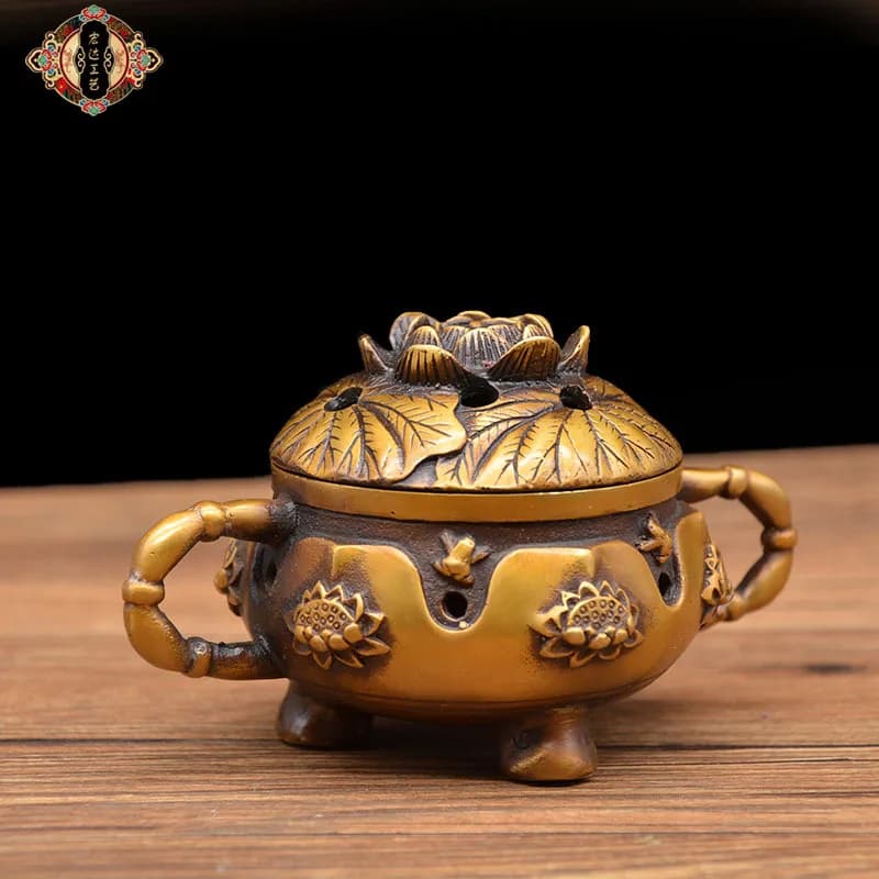 Brass Double-eared lotus-shaped incense burner Incense burner, an ornamental piece crafted with incense-burning techniques