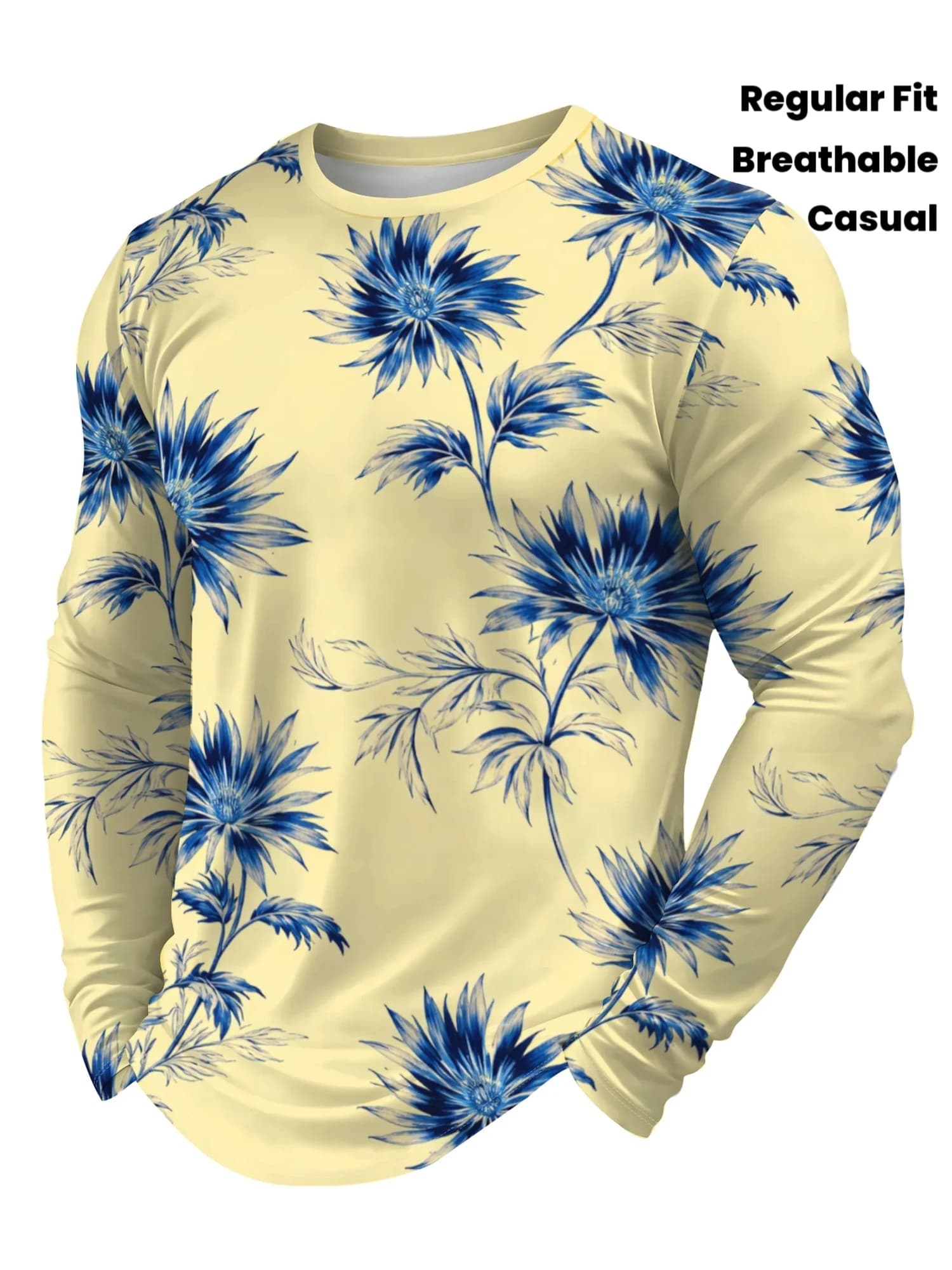 Men’s Long Sleeve Floral Print T-Shirt Regular Fit Breathable Casual Crew Neck Shirt Autumn Daily Fashion Versatile Top