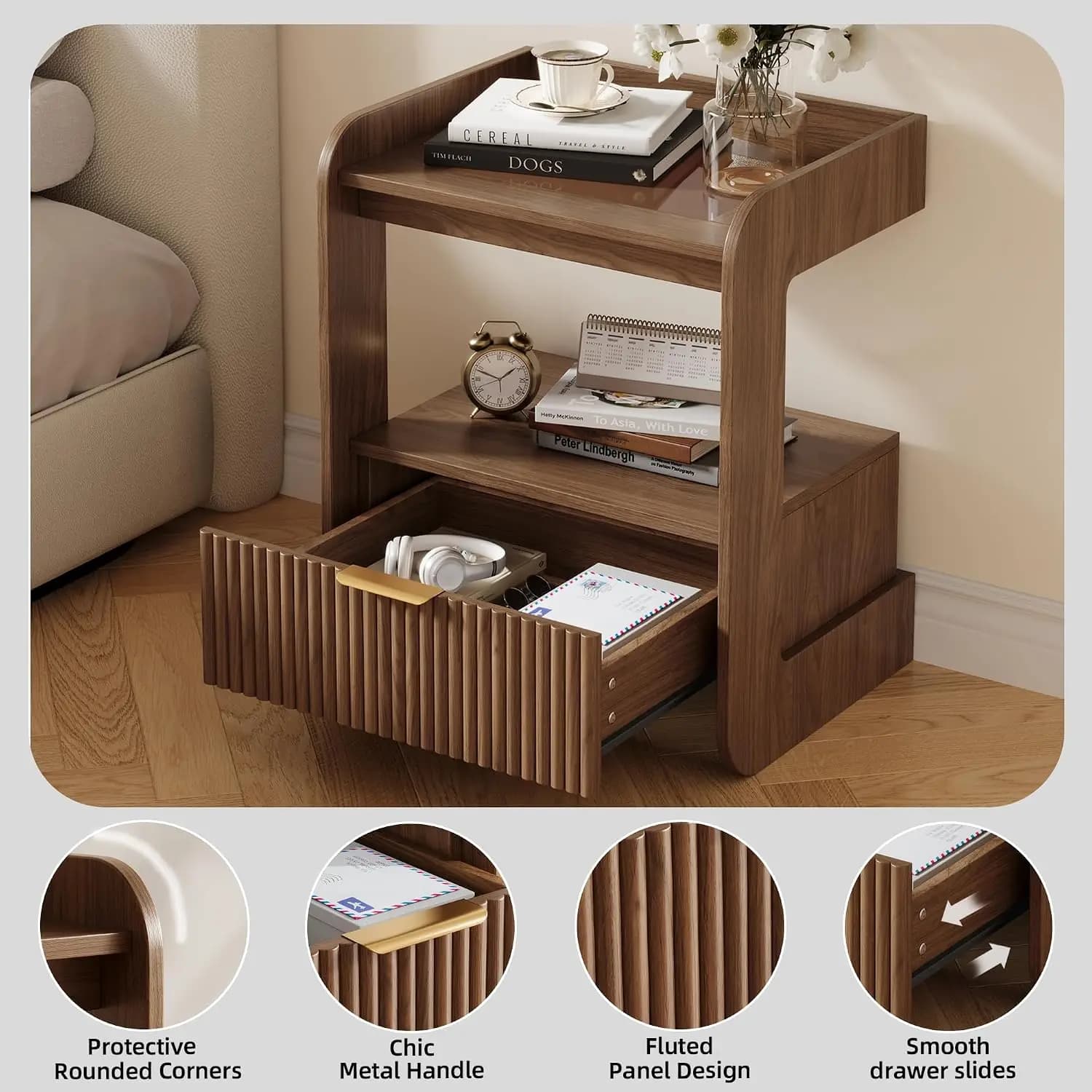Fluted Nightstands Set of 2, Mid Century Modern Night Stand with Drawer and Open Shelf, Amber Glass Top Wood Bedside End Tables