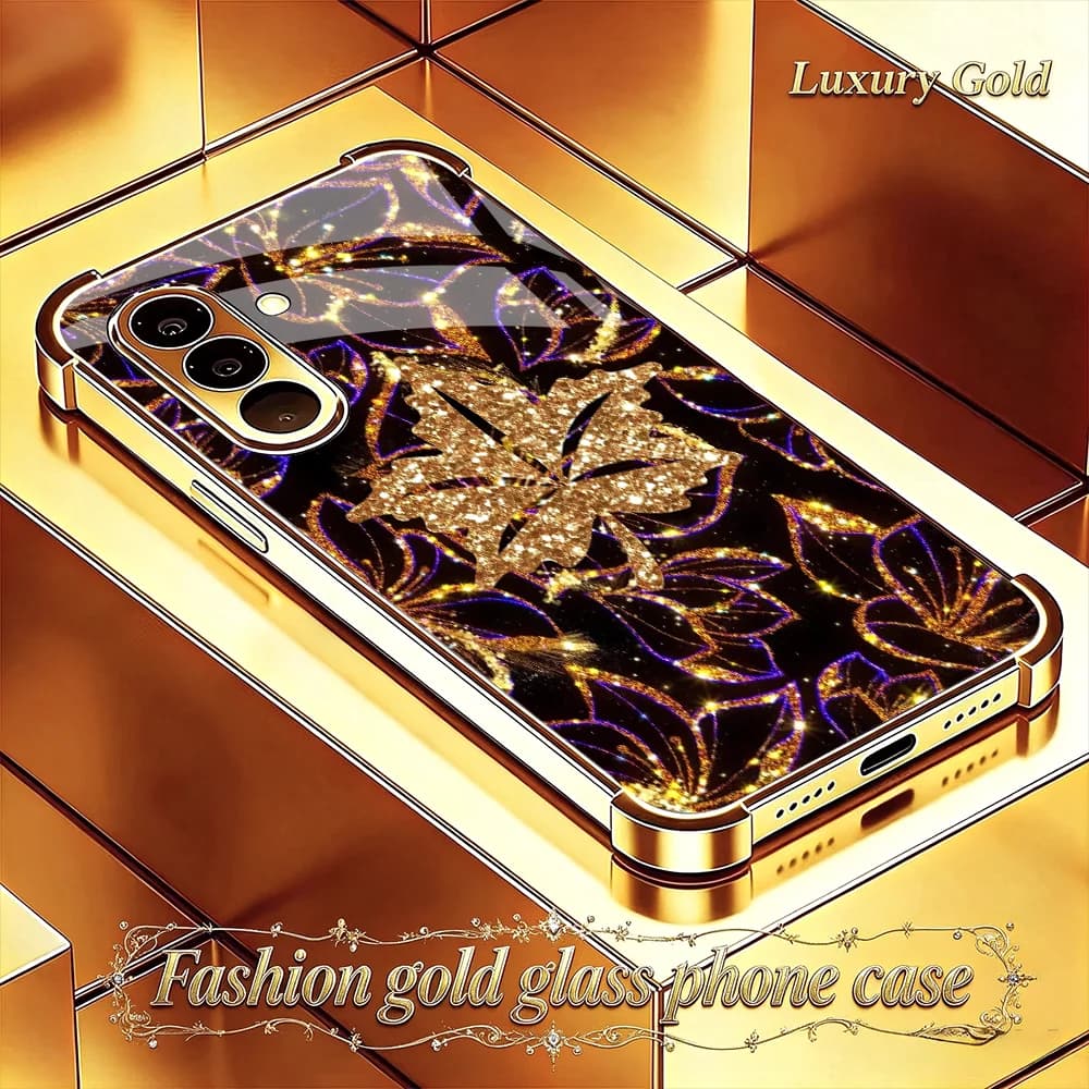 Creative Purple Gold Leaf Tempering Glass phone case s26 ultra s25 ultra for Samsung Galaxy s26/s25/s24/s23/s22 Ultra FE Plus
