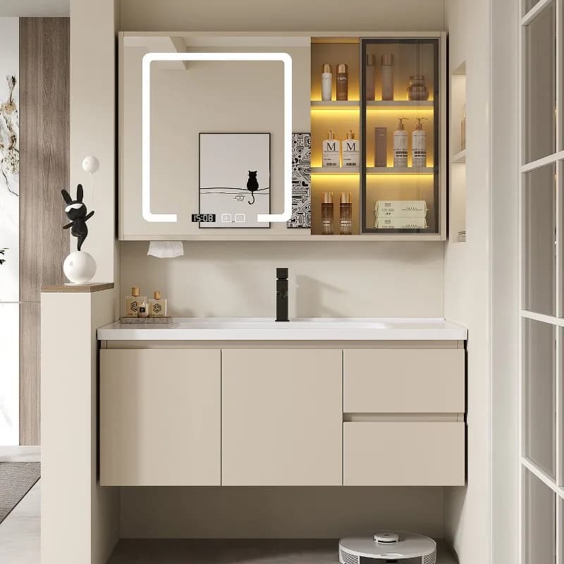 Cream wind bathroom cabinet ceramic integrated basin home smart mirror cabinet large capacity mobile da bagno bathroom furniture
