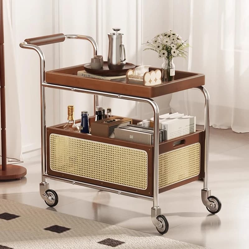 Vintage Rolling Side Table Mid-Century Mobile Kitchen Cart with Wheels for Sofa Bedside Tables Double Layer Snacks Storage Shelf