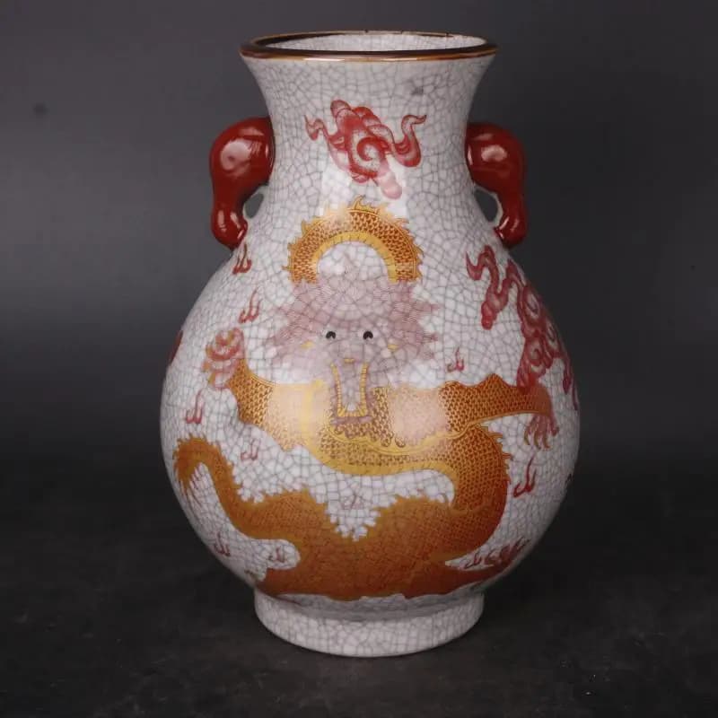 Chinese Porcelain Exquisite and unique Rose Dragon Double Eared Vase 8.26 Inch