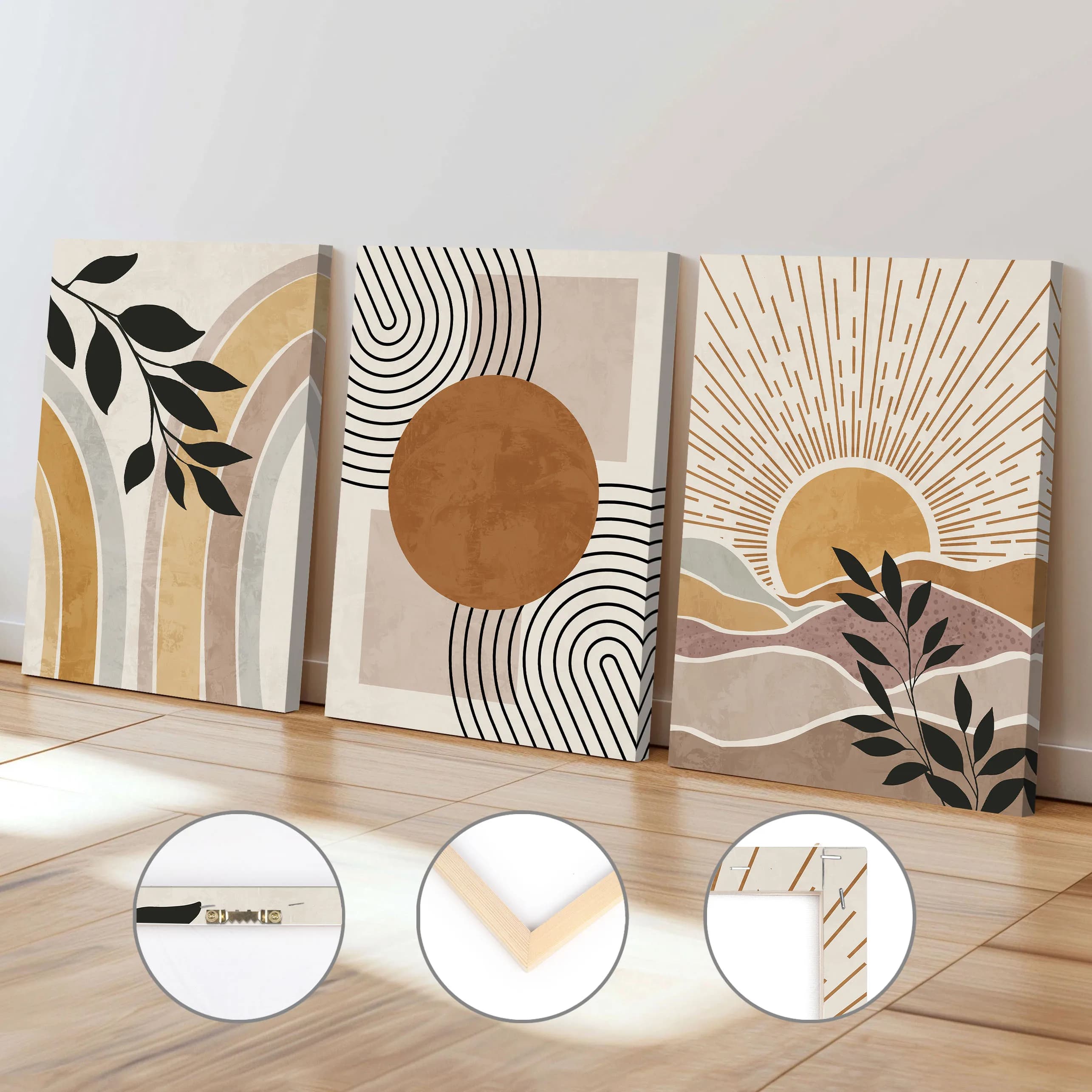 Orange Geometric Sun Plant Framed Canvas Painting Bohemian Abstract Lines Modern Art Print Home Bedroom Office Decoration