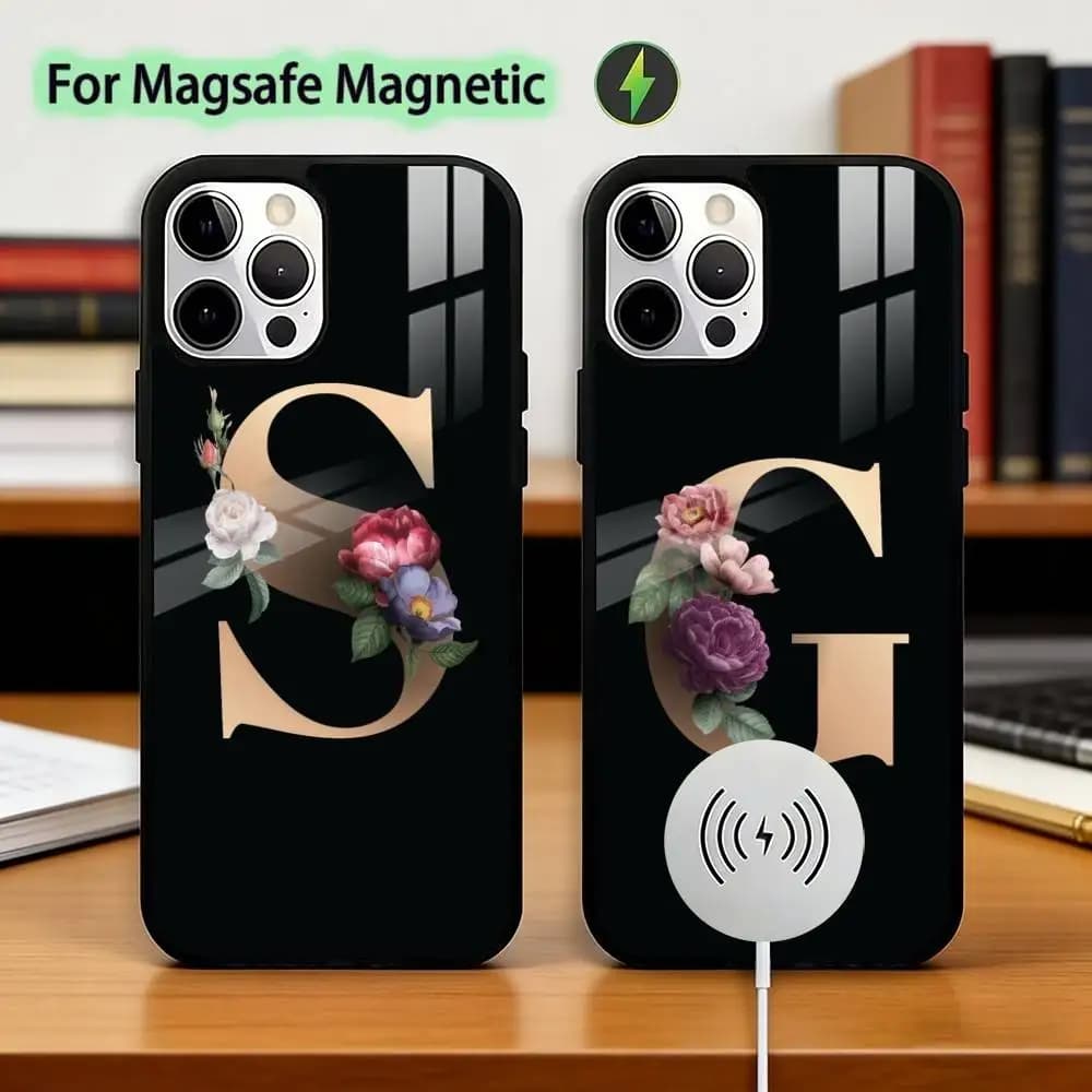 Flowers Initial L-Letter Phone Case For iPhone17,16,15,14,13,12,11 Plus,Pro Magnetic For Magsafe Wireless Charging