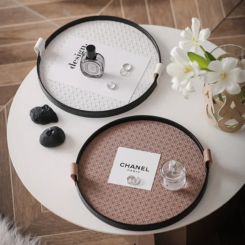 Leather tray retro storage tray living room coffee table dining room light luxury wooden storage disc decoration