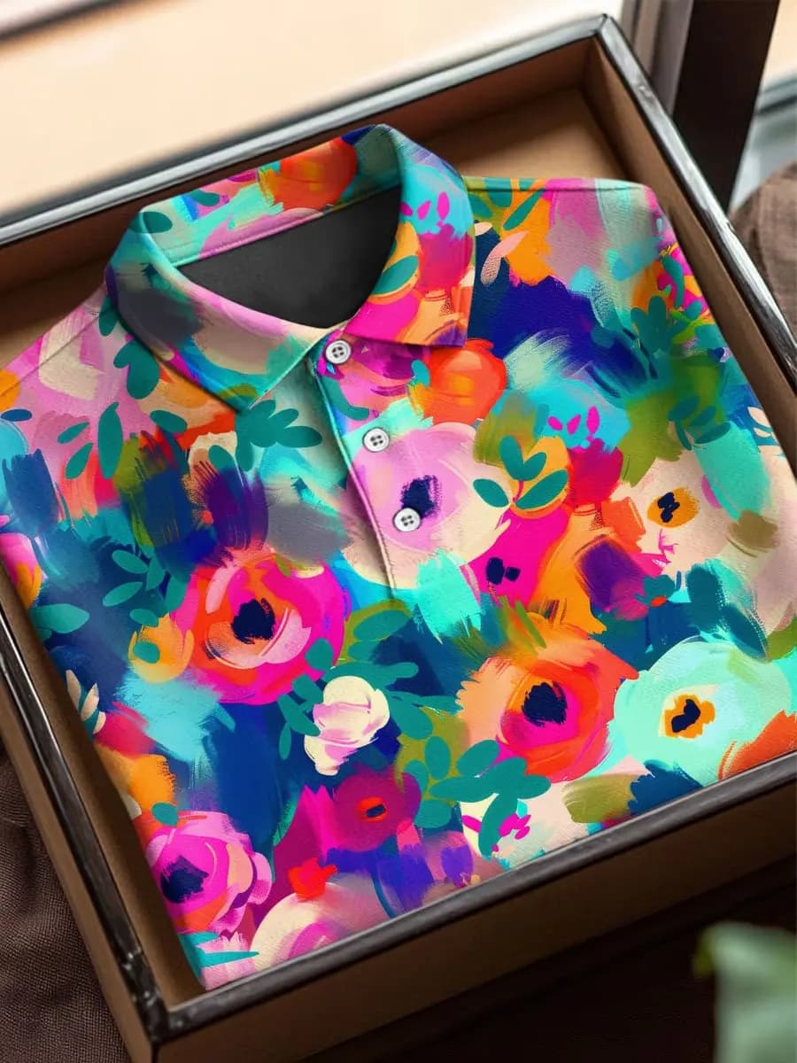 Vintage Floral Art Print Casual Short Sleeve Polo Shirt Men‘s Short Sleeve Polo Shirt