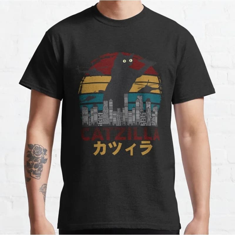 0925 Catzilla King of Monster Gift t shirt for Cat Lover 100% cotton printed Cute kitty Graphic tee Short Sleeve y2k clothes