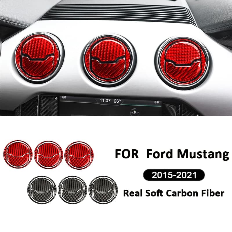 3PCS Carbon Fiber Car Central Air Conditioning Outlet Vent Ring Panel Interior Decoration Sticker For Ford Mustang 2015-2021