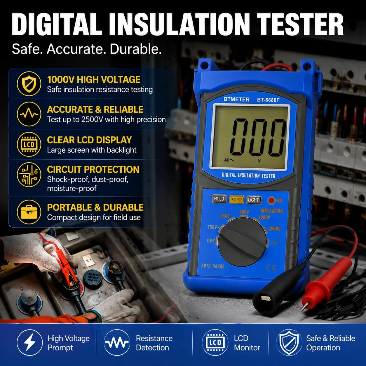 Digital Insulation Resistance Tester Megohmmeter 2500V 20GΩ Ohm LCD Handheld Voltage Meter for Motor Cable Transformer Test