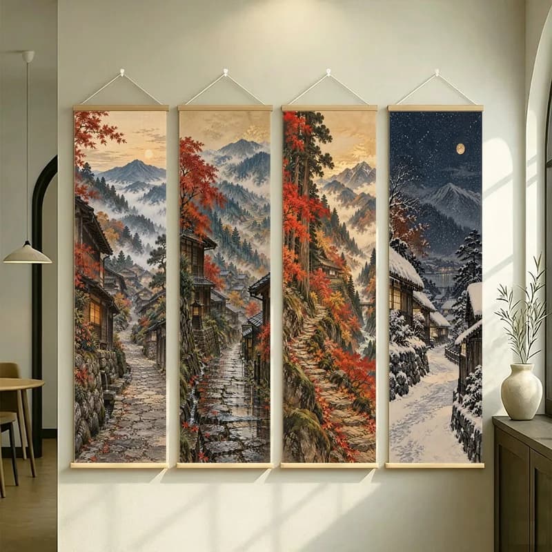 Japanese Wall Art Autumn Mountain Villages and Snowy Peaks on Silver Shimmer Canvas for a Cozy Reading Nook Wall Decor