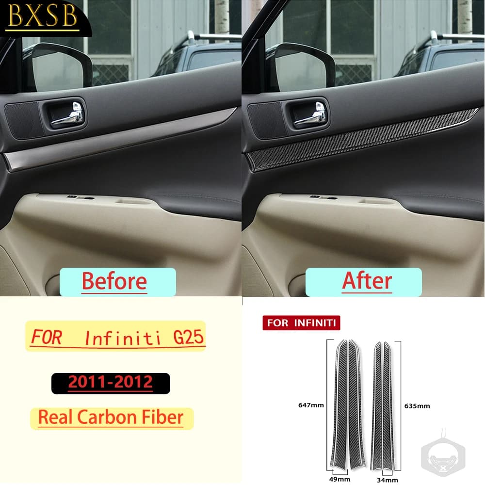 For Infiniti G25 2011–2012 Car Door Inner Panel Frame Trim Real Soft Carbon Fiber Interior Accessories Decoration Stickers