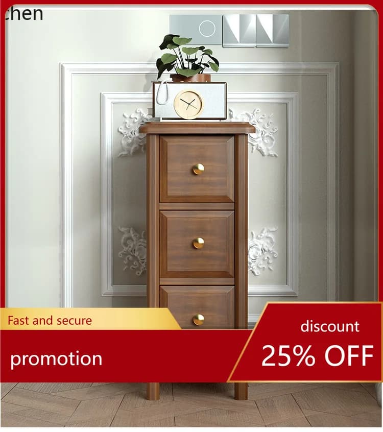 YFY Solid Wood Chinese Style Walnut Small Apartment No-Installation 30-40-50-60cm Bedside Table 3-Drawer Narrow Nightstand