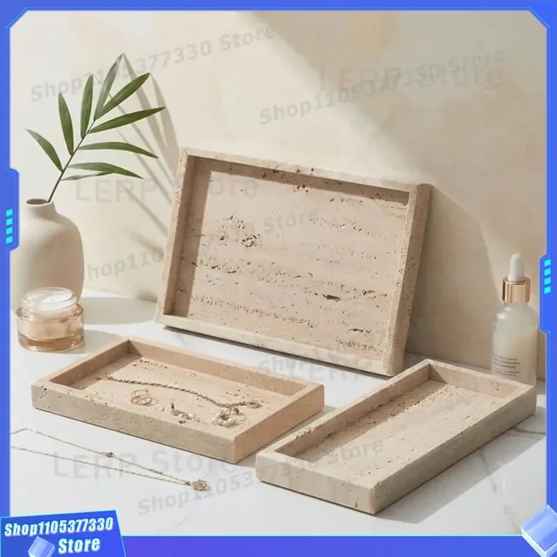 Natural Travertine Stone Tray European Style Creative Storage Organizer for Living Room Coffee Table Bathroom Household Decor