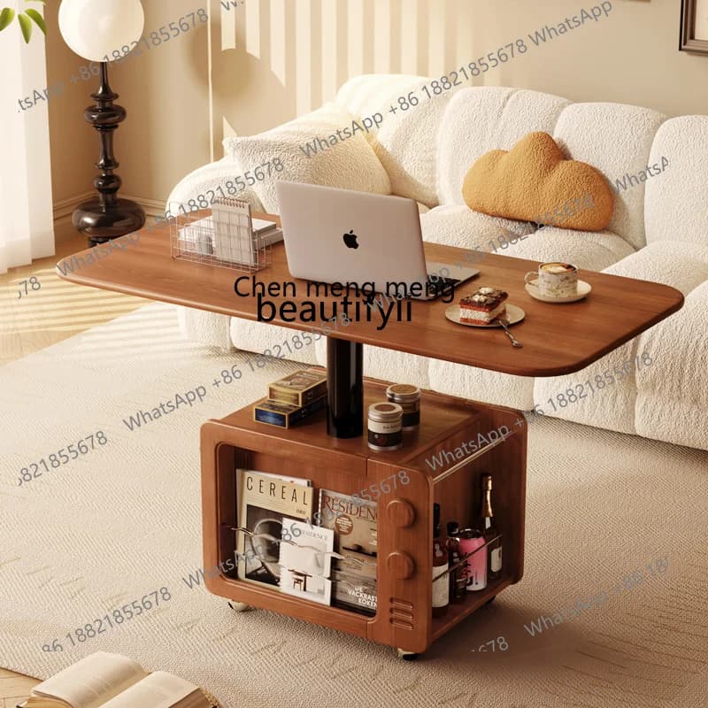 182C Retro Solid Wood Lifting Coffee Table Small Tea Table Living Room Mobile Boxwood Dining Table Dual-Use