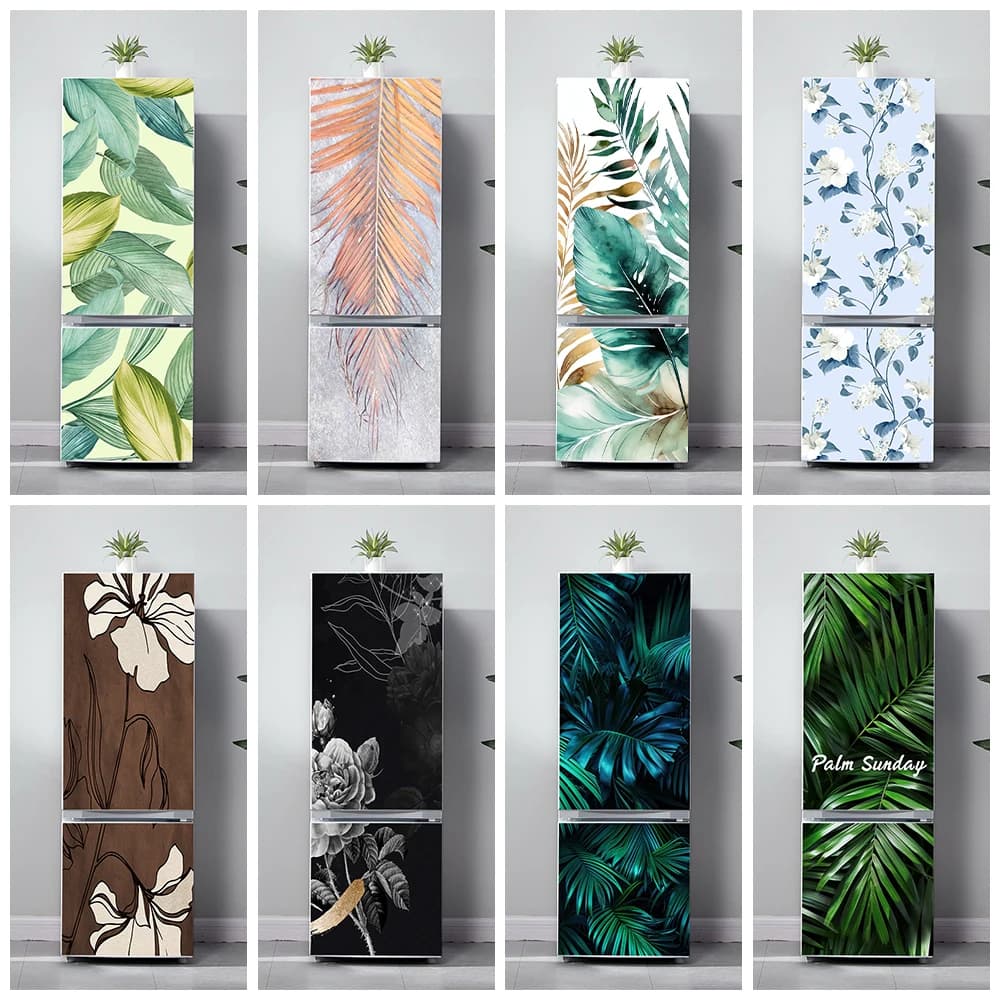 Green Tropical Leaves Fridge Door Art Decals Waterproof Kitchen Wallpaper Hand Painted Plants Refrigerator Door Panel Cover