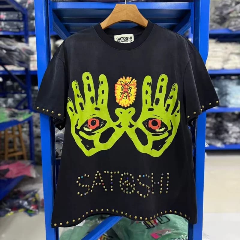 Satoshi Nakamoto Positive Energy Washed Studded Black Crew Neck Streetwear Heavyweight Short-Sleeve T-Shirt