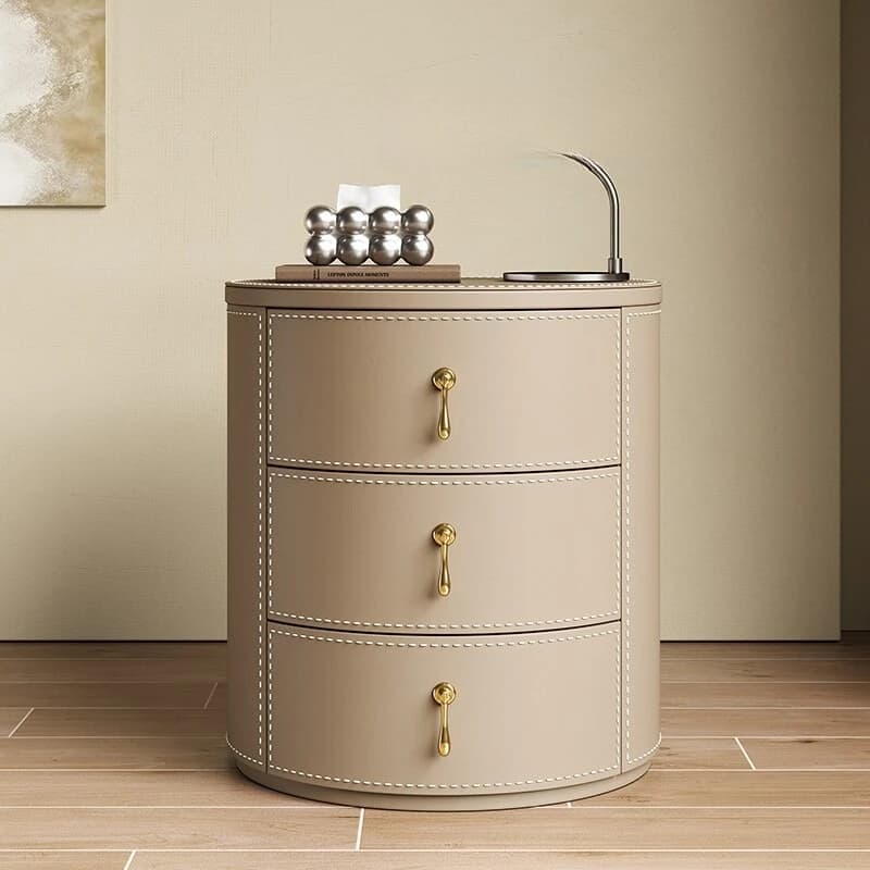 Minimalist saddle leather round bedside table solid wood modern simple bedroom bedside table