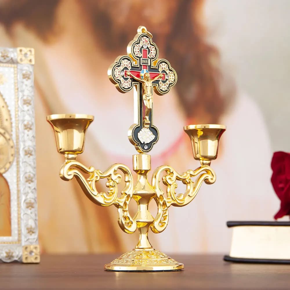 HTISOK Catholic Candlestick Cross Candle Holder Double Candlestick Religious Church Decor Christian GiftCatholic Candlestick