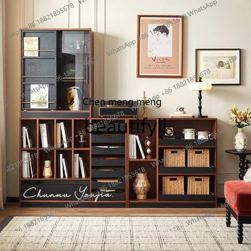 French retro solid wood bookcase living room display sofa storage medium antique module combination cabinet